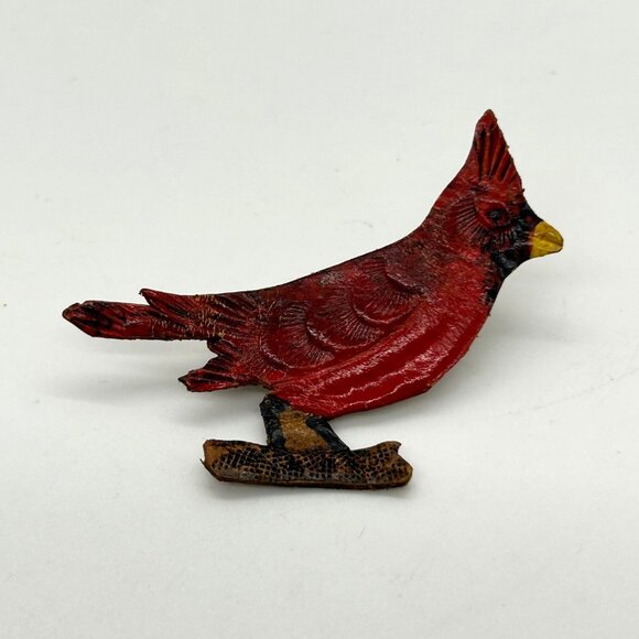 Vintage Cardinal Brooch Handcrafted Leather Birds Hand Painted - Picture 6 of 15
